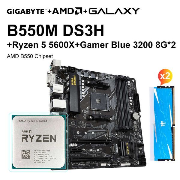 GIGABYTE B550M DS3H Motherboard Set+AMD Ryzen 5 5600X R5 5600X CPU+GALAXY 8G 3200 8G*2 RAM Motherboard Processor and Memory Kit