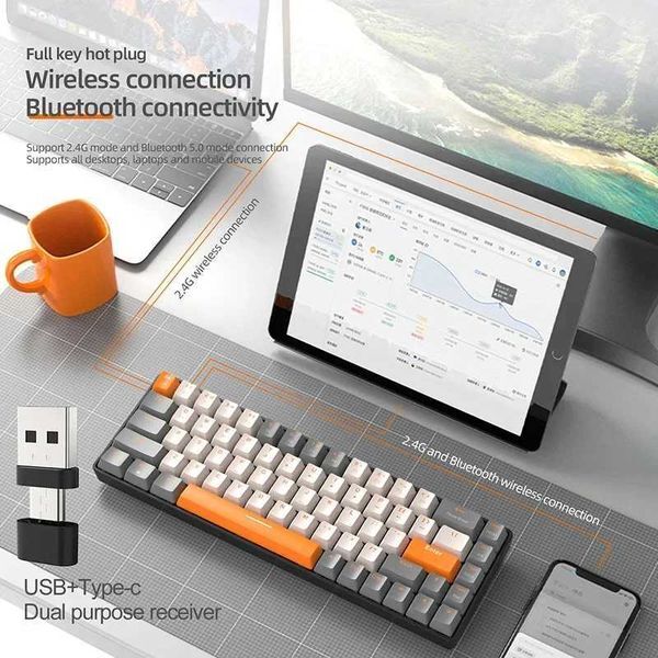 K68 2.4G/BT5.0 Wireless Gaming Mechanical Keyboard 68 Keys Hotswap Mini Gaming Mechanical Keyboard PBT KeycapsM240715