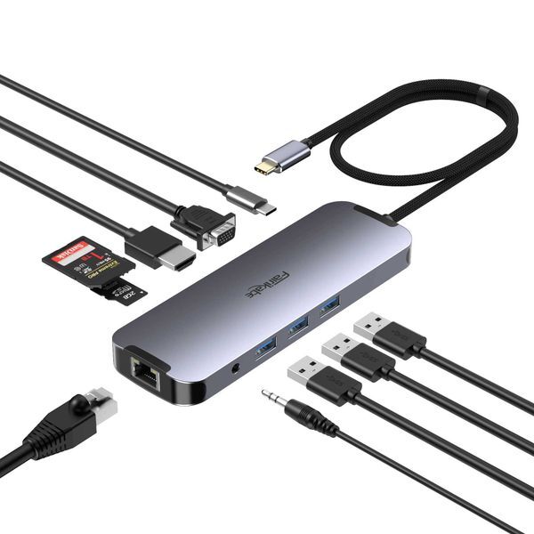 Fairikabe 10IN1 multi port hub USB C to HDMI+3 * USB 3.0 ports+RJ45+TF SD card reader+VGA+PD fast charging docking station splitter CL240905