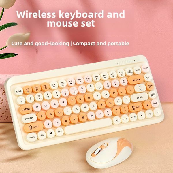 new 2 4g wireless keyboard and mouse set macaron mixed color cream style round keycap wireless keyboard and mouse