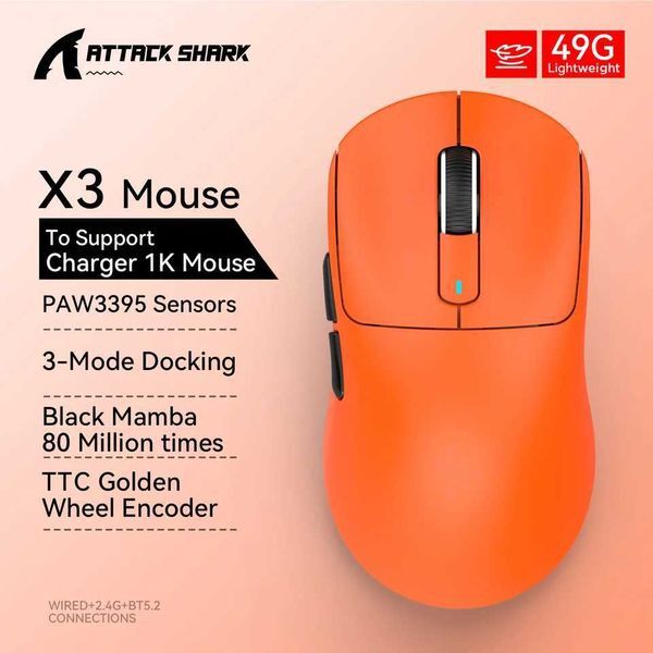 X3 game mouse wireless attack shark red 4K return BT the third mock examination connection PAW3395 macro BT game mouse M250325