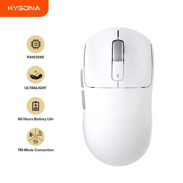Kysona M600 PAW3395 White Wireless Gaming Esports Mouse 55g 26000DPI 6 Button Optical PAM3395 Laptop Mouse M250325