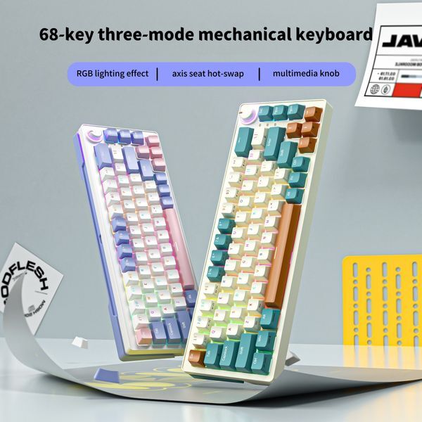 68-key wireless Bluetooth three-mode mechanical keyboard hot-swappable yellow axis computer notebook office game gaming keyboard ZA68