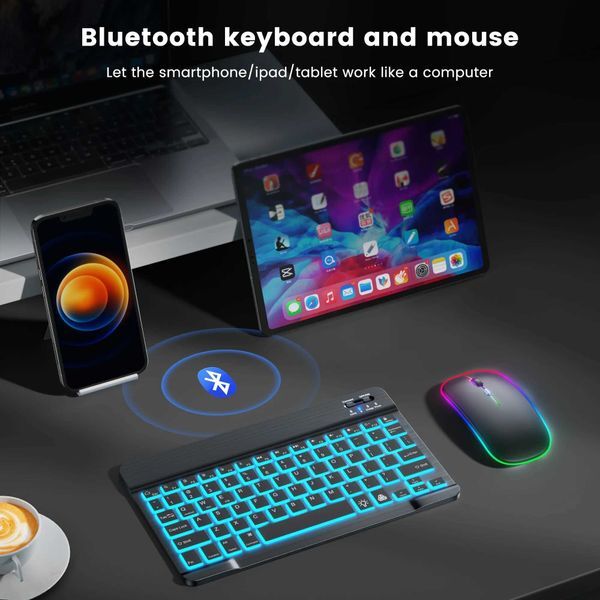 Mini Backlit RGB 10inch BT Keyboard Wireless mouse Rechargeable for IOS Android WindowsTeclado For iPad Tablet X250614