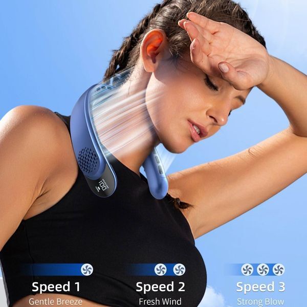 Portable 4 Turbo Hands Free Bladeless Neck Cooler 4000 mAh Battery Personal Wearable Fan 3 Speeds 360? Cooling Airflow