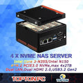 4 Bay Pocket NAS with 4 x NVMe Slot Core 3 N355 Intel N150 Storage Mini PC with 2 x i226V 25GbE LAN Micro Computer NAS Server