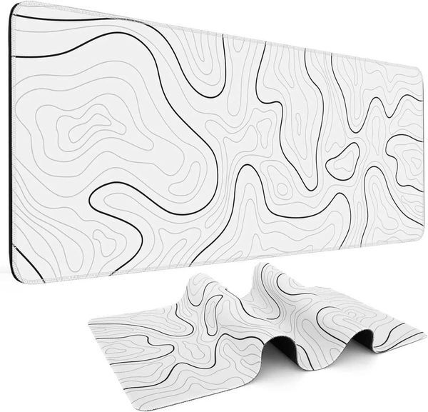 Abstract Topographic Map White Black Gaming Mouse Pad Large Desk Mat with Non-Slip Base ed Edge Keyboard Mat for Gaming Y251120