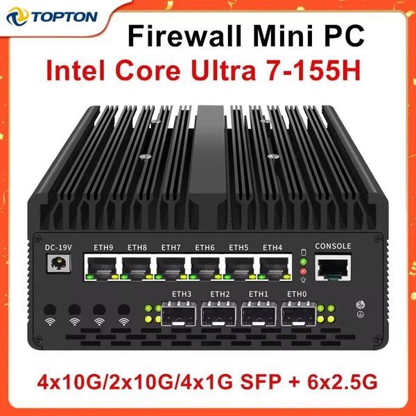 Topton 4x/2x 10G SFP 625G LAN Solid Firewall Mini PC 14th Gen Ultra 7 155H Intel vPro Thunderbolt 4 2xNVMe Proxmox Home Serve