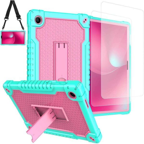 Doemoil Phone Case for T-Mobile Revvl Tab 2025 Release 10.1inch Hybrid Shockproof Protective Cover Hard Shell Built-in Stand Shoulder Strap Green/Pink + 2 Glass