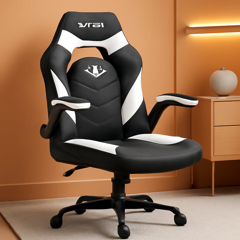 White Gaming Chair With Lumbar Support And Flip Up Arms-0