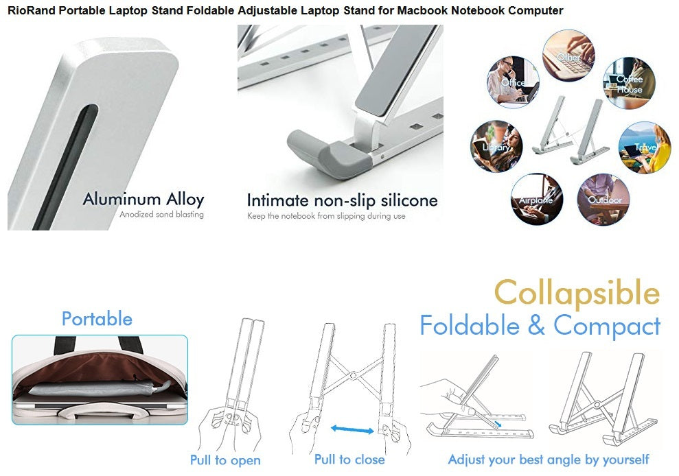 Portable Foldable Adjustable Laptop Stand Holder Universal Ergonomic Aluminium Alloy Travel Mini Notebook Stand for MacBook Notebook Computer PC iPad  Silver