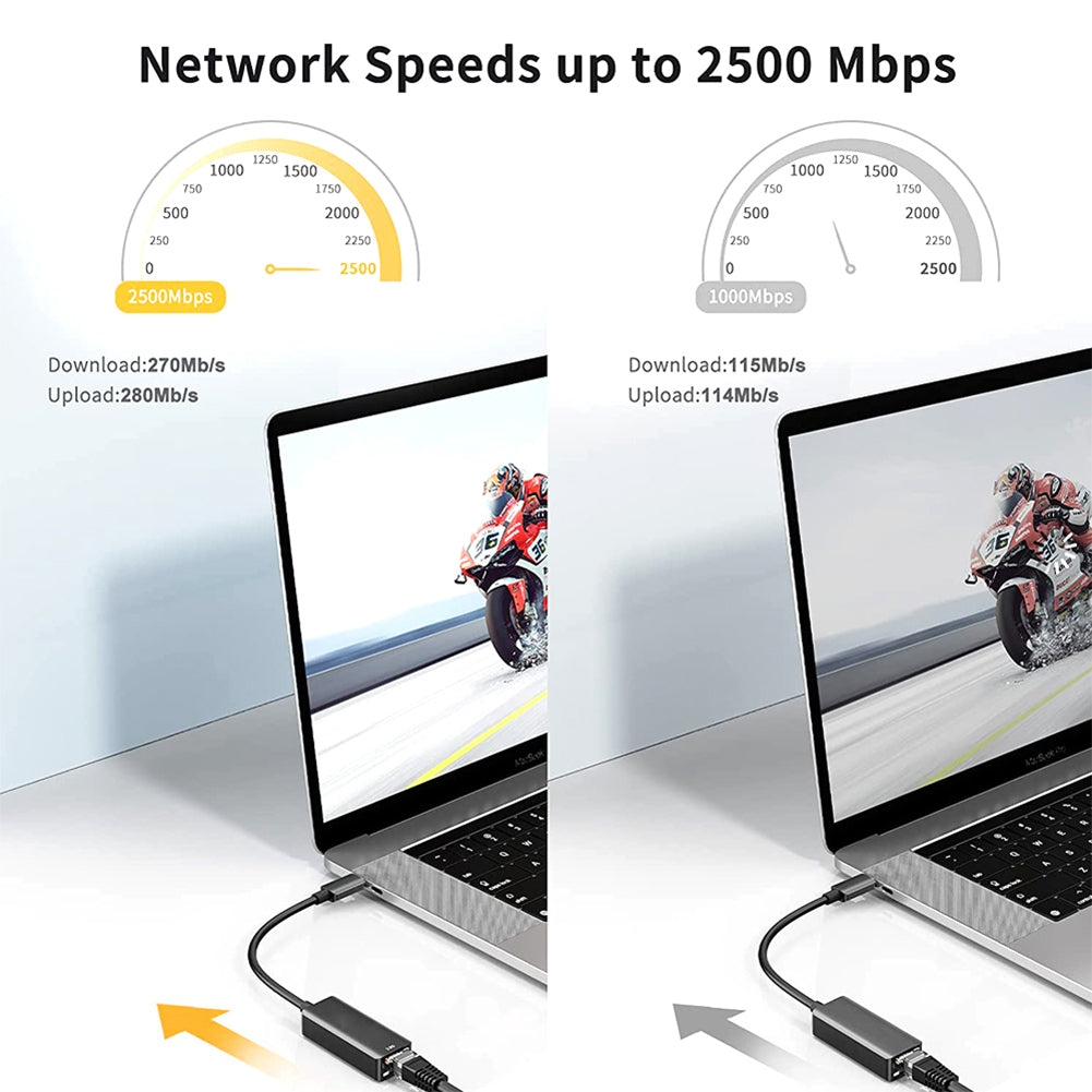 Metal 2-in-1 Type C Usb To 2500m Gigabit Lan Ethernet Cable  Adapter Portable Connector Black