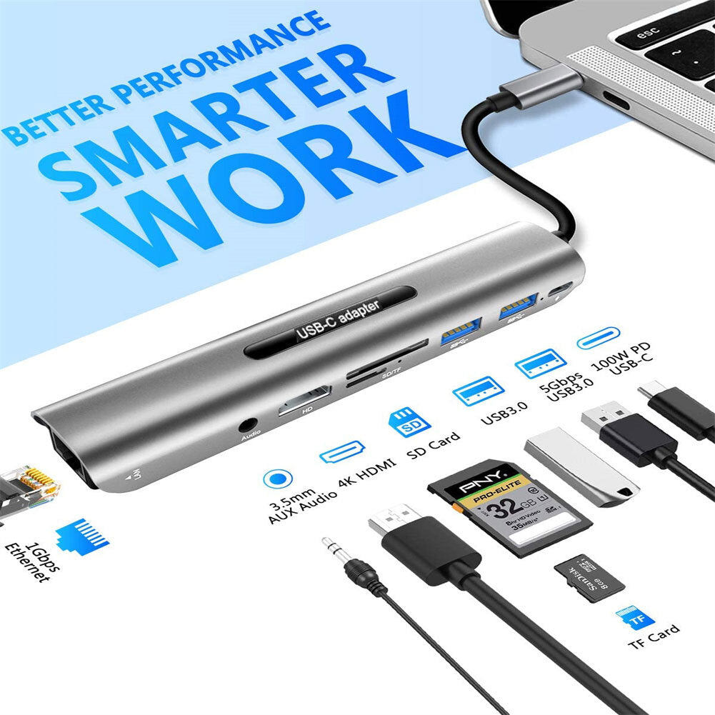 4k USB C to Hdmi-compatible USB C Hub 8-in-1 Type-c Adapter with Ethernet Port Silver Gray