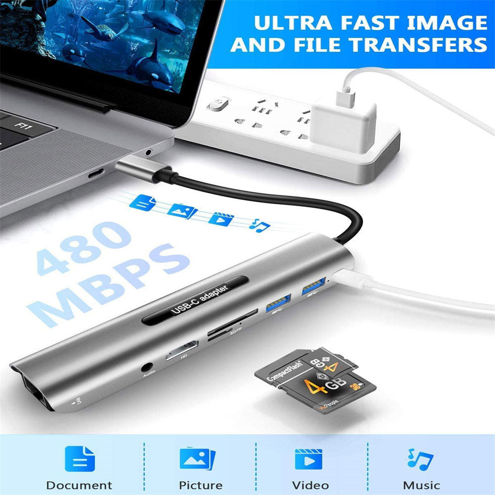 4k USB C to Hdmi-compatible USB C Hub 8-in-1 Type-c Adapter with Ethernet Port Silver Gray