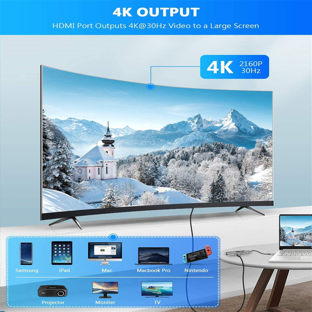 4k USB C to Hdmi-compatible USB C Hub 8-in-1 Type-c Adapter with Ethernet Port Silver Gray