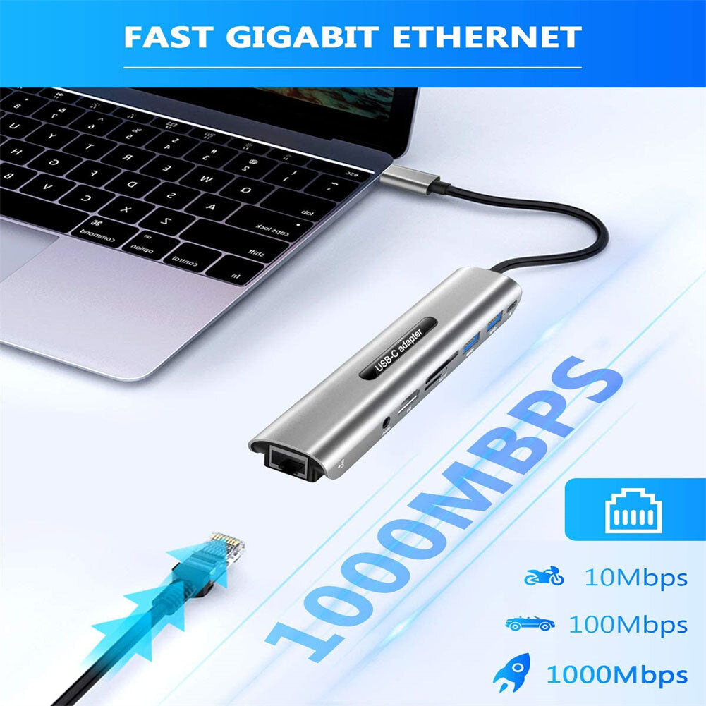 4k USB C to Hdmi-compatible USB C Hub 8-in-1 Type-c Adapter with Ethernet Port Silver Gray
