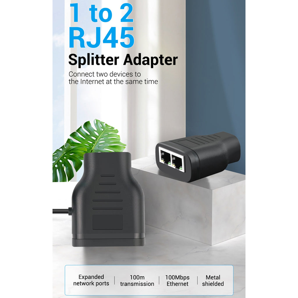 3-way Head Rj45 Ethernet Splitter 1 to 2 Network Extension Connector Distributor Black