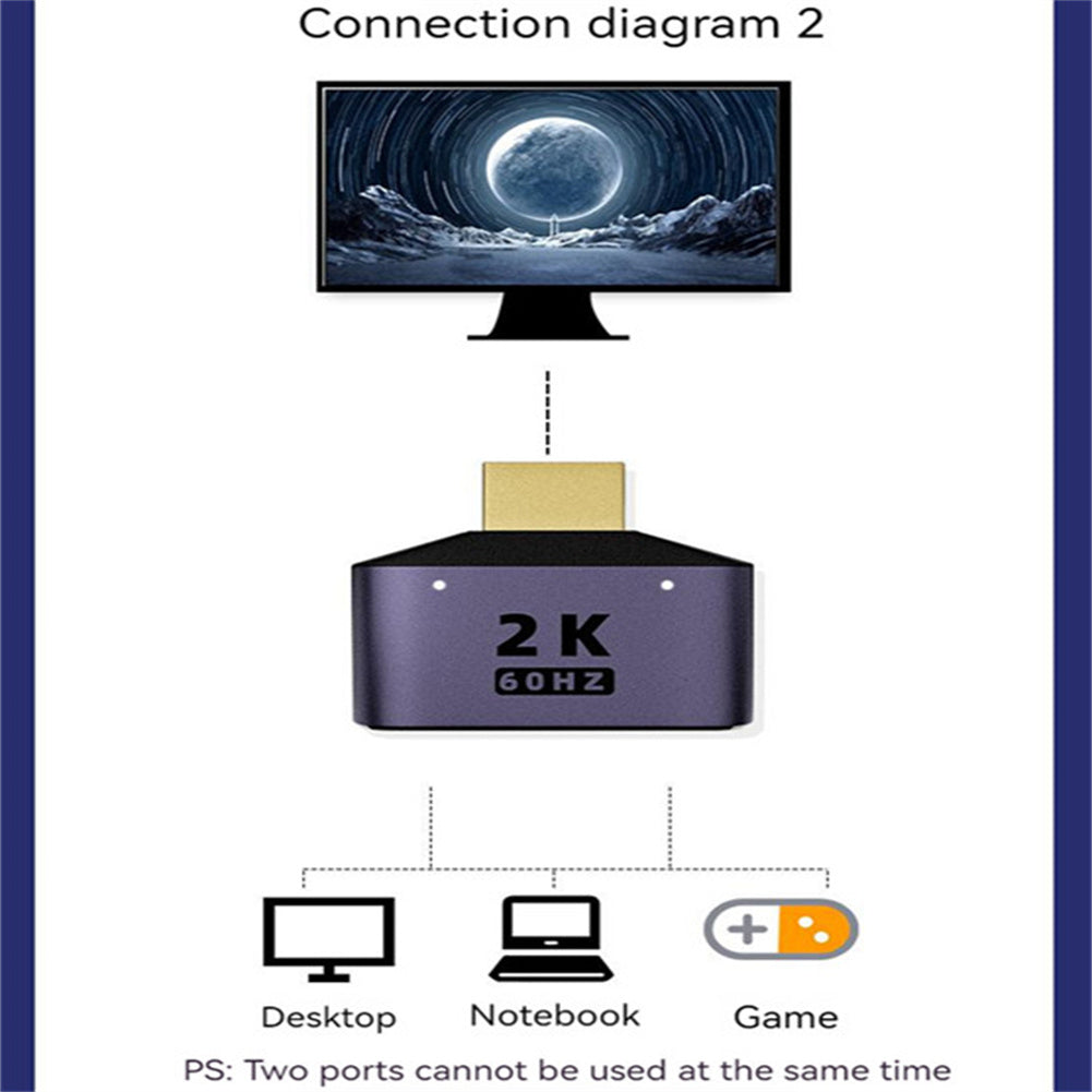 1 to 2 Hdmi Adapter with Indicator Light 2k Hd Video Audio Splitter Hdmi Port for Hdtv Monitor