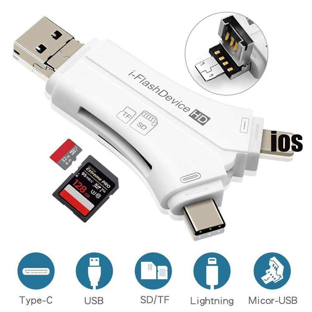 4-in-1 Otg Card Reader Universal Multi-functional Mobile Phone Tf Sd Camera Multi Interface Card Reader (with App) White with APP