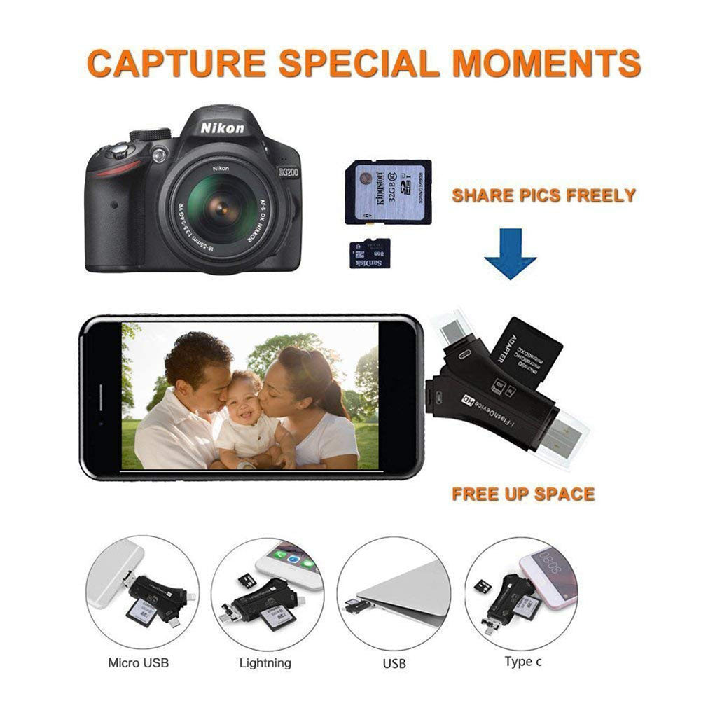 4-in-1 Otg Card Reader Universal Multi-functional Mobile Phone Tf Sd Camera Multi Interface Card Reader (with App) White with APP