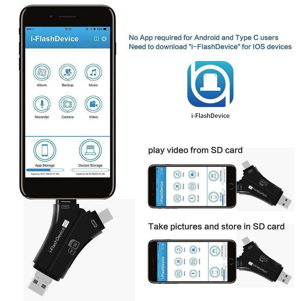 4-in-1 Otg Card Reader Universal Multi-functional Mobile Phone Tf Sd Camera Multi Interface Card Reader (with App) White with APP