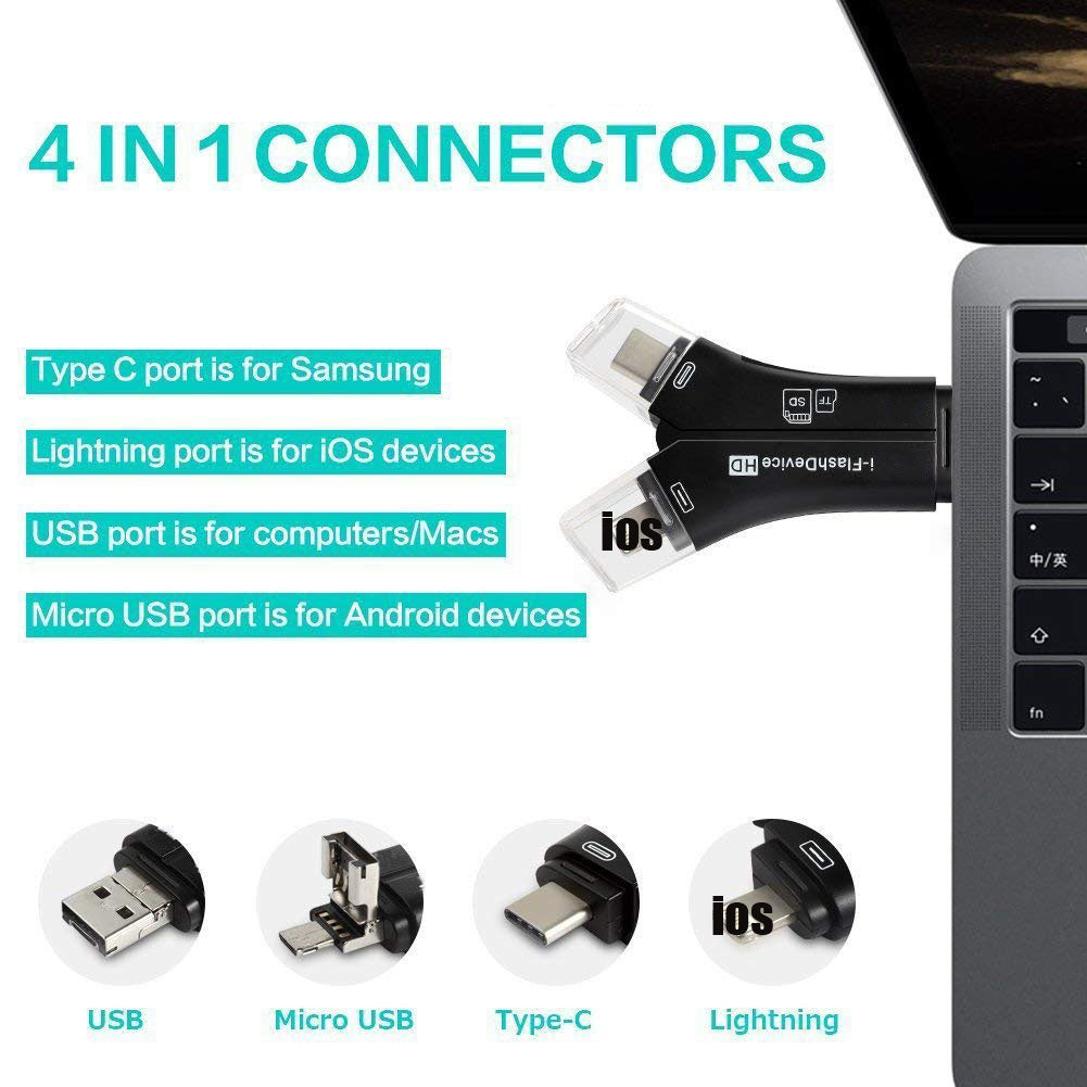 4-in-1 Otg Card Reader Universal Multi-functional Mobile Phone Tf Sd Camera Multi Interface Card Reader (with App) Black with APP