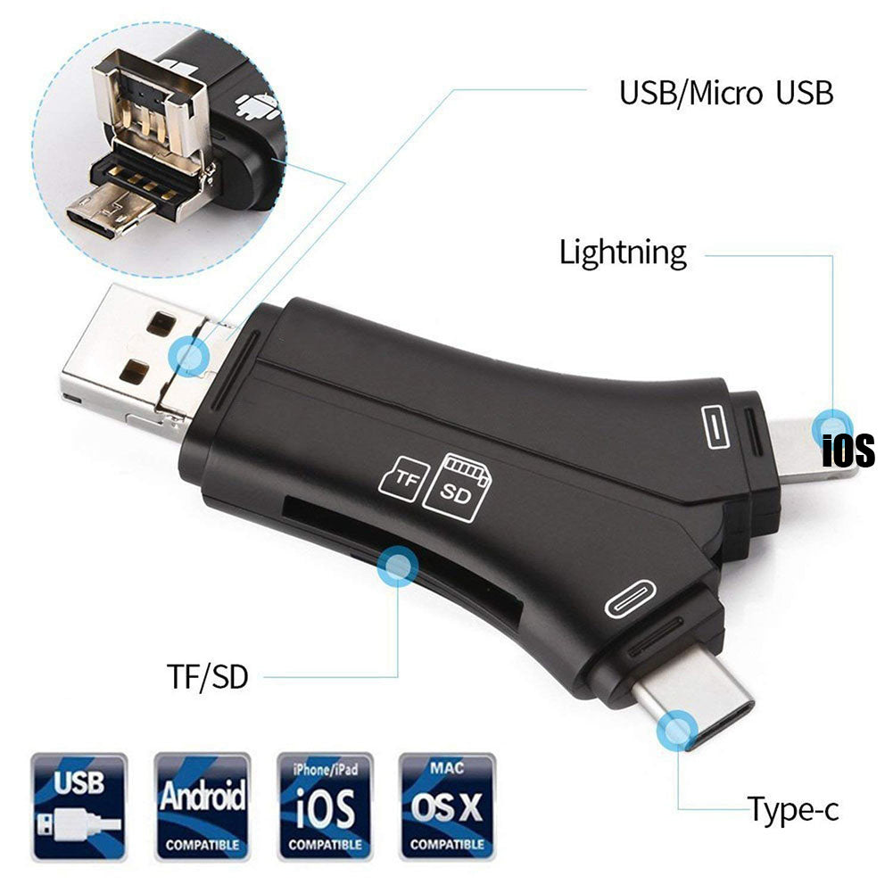 4-in-1 Otg Card Reader Universal Multi-functional Mobile Phone Tf Sd Camera Multi Interface Card Reader (with App) Black with APP