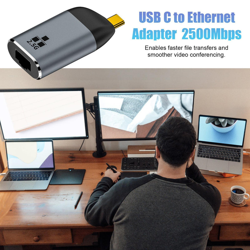 USB C To 2.5Gbps Ethernet Adapter USB Type C To RJ45 Network Adapter Compatible For Windows Android Phone Laptop PC silver gray