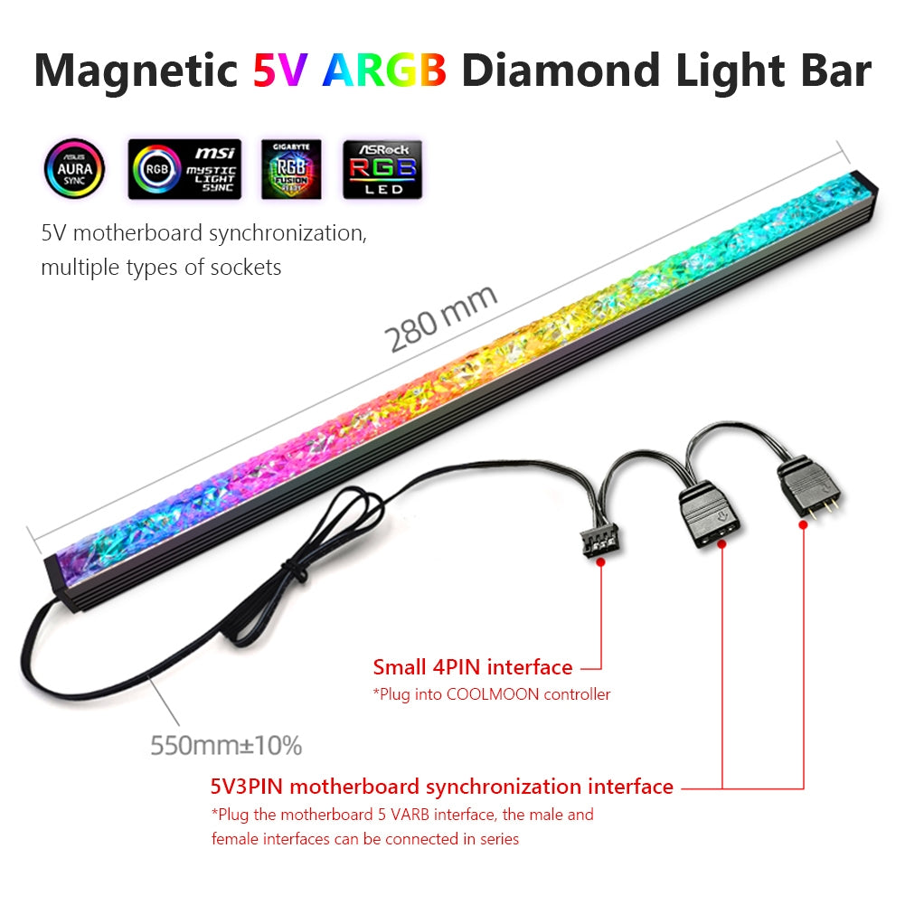 COOLMOON ARGB LED Strip Light With 5V 3Pin Small 4Pin Header Changing Light Speed DIY Lamp Bar Light Strip For PC Computer Case Chassis black