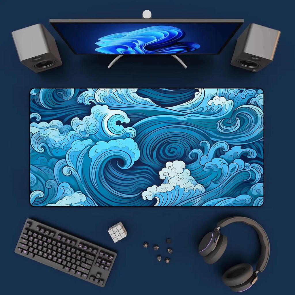 Color: Orange - Aesthetic Desk Mat Art Japanese Great Waves XXL Gaming Mouse Pad Blue Mousepad 900x400 Beautiful Nature Rubber Desk Pad Mat