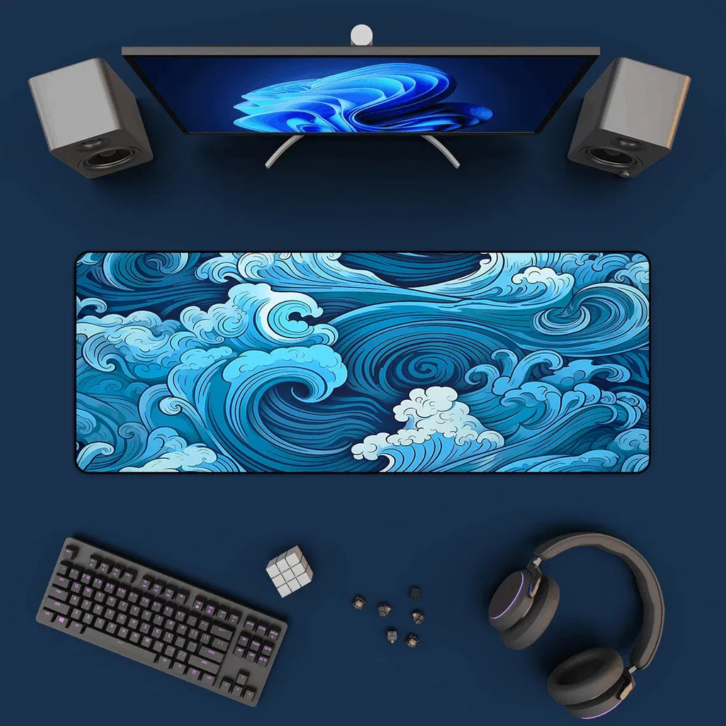 Color: WHITE - Aesthetic Desk Mat Art Japanese Great Waves XXL Gaming Mouse Pad Blue Mousepad 900x400 Beautiful Nature Rubber Desk Pad Mat