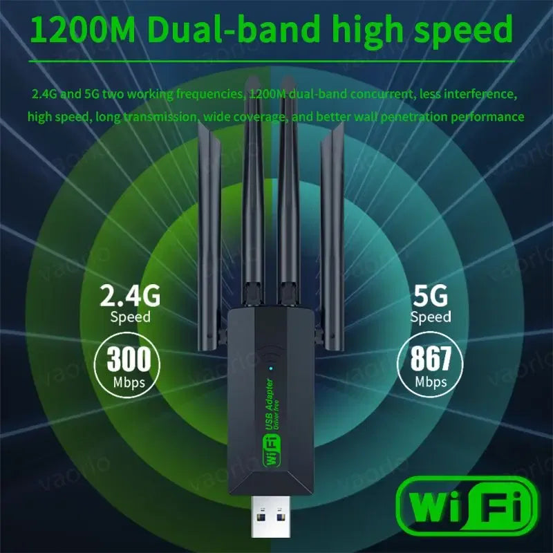 Color: black - 1200Mbps WiFi USB Adapter Dual Band 2.4G+5Ghz Wi-Fi Dongle 4 Antenna 802.11AC USB3.0 High-Speed Wireless Card Receiver PC/Laptop