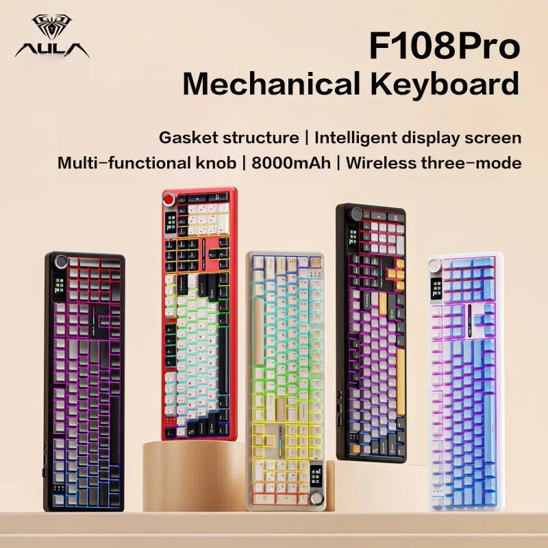 Color: camel - AULA F108 Pro Mechanical Keyboard Three-mode Bluetooth /2.4G/ Wired Customized Full-key Hot-swapable Gasket Structure RGB Light