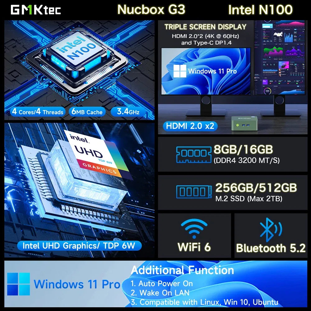Color: black, Ships From: CHINA - Top GMKtec G3 Mini PC Intel Alder Lake N100 Windows 11 Pro Mini PC 8/16GB DDR4 256/512GB PCIe M.2 SSD WiFi 6 BT5.2 Desktop