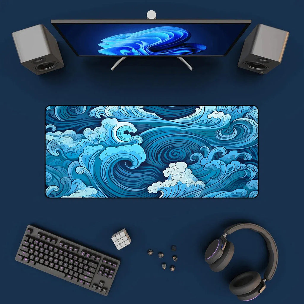Color: WHITE - Aesthetic Desk Mat Art Japanese Great Waves XXL Gaming Mouse Pad Blue Mousepad 900x400 Beautiful Nature Rubber Desk Pad Mat