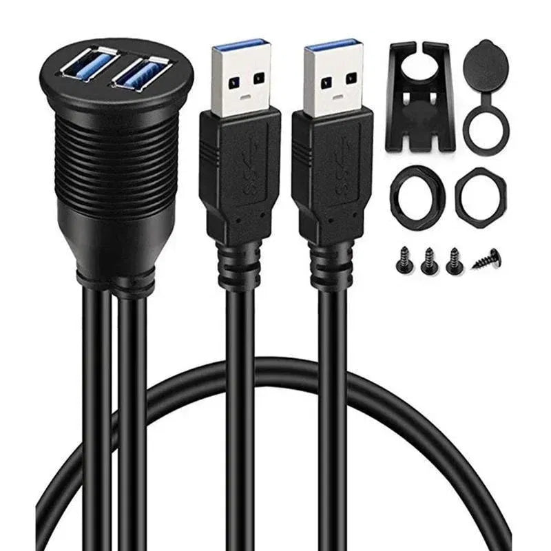 Cable length: 3m, Color: black - Dual USB 3.0 Male To USB 3.0 Female Extension Cable with Flush Mount Panel for Car Truck Boat Motorcycle