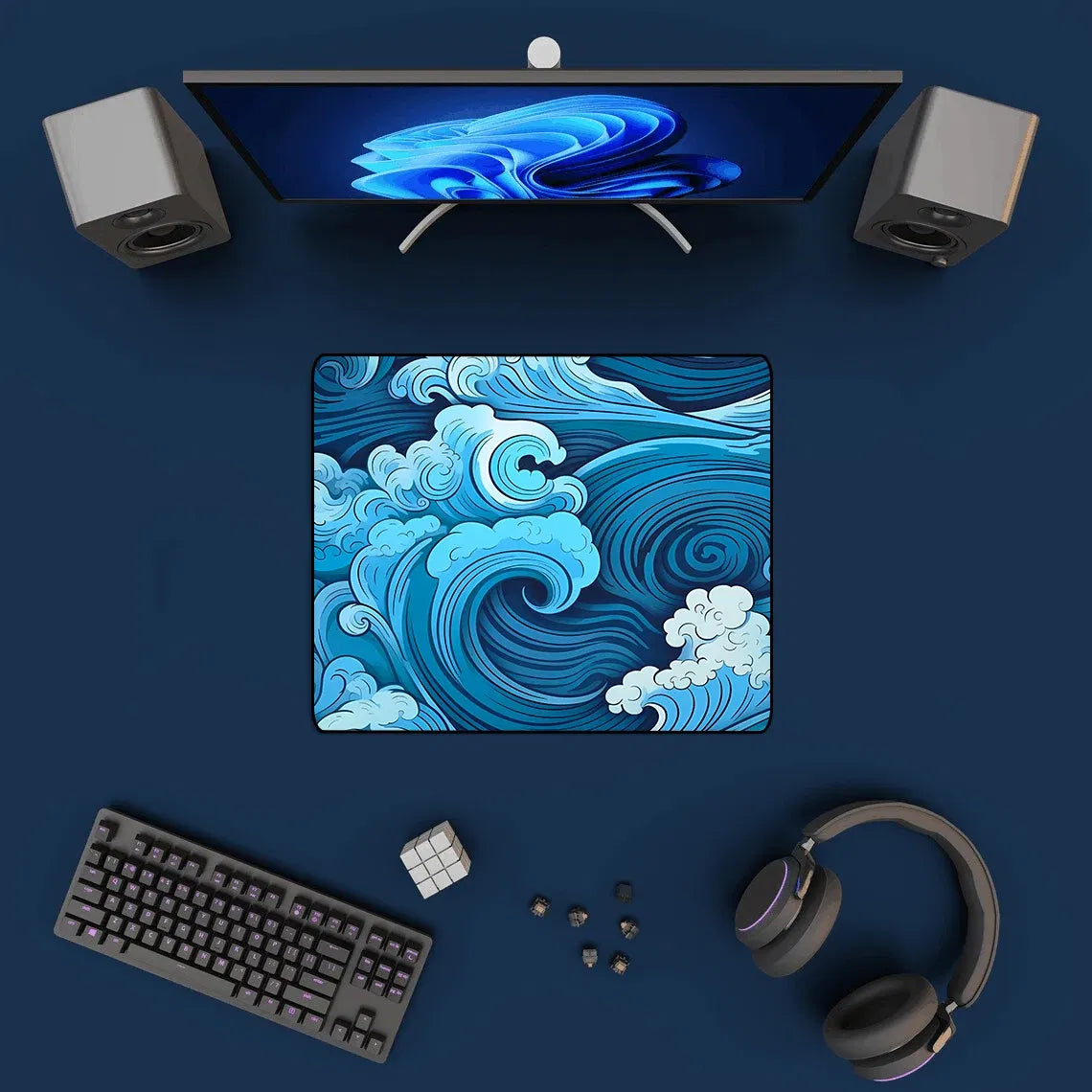 Color: SKY BLUE - Aesthetic Desk Mat Art Japanese Great Waves XXL Gaming Mouse Pad Blue Mousepad 900x400 Beautiful Nature Rubber Desk Pad Mat