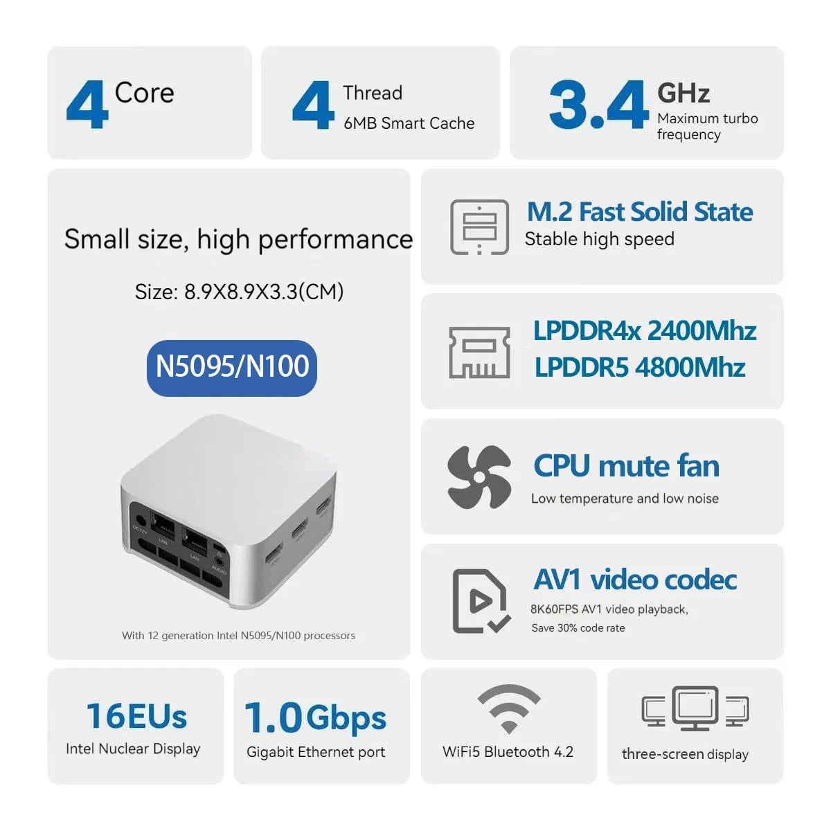Color: Blue, Ships From: CHINA - New T8 Pro Plus Mini PC Intel Celeron N5095 N100 Desktop Gaming Computer 8GB 16GB 256GB 512GB DDR4 DDR5 WIFI5 BT4.2