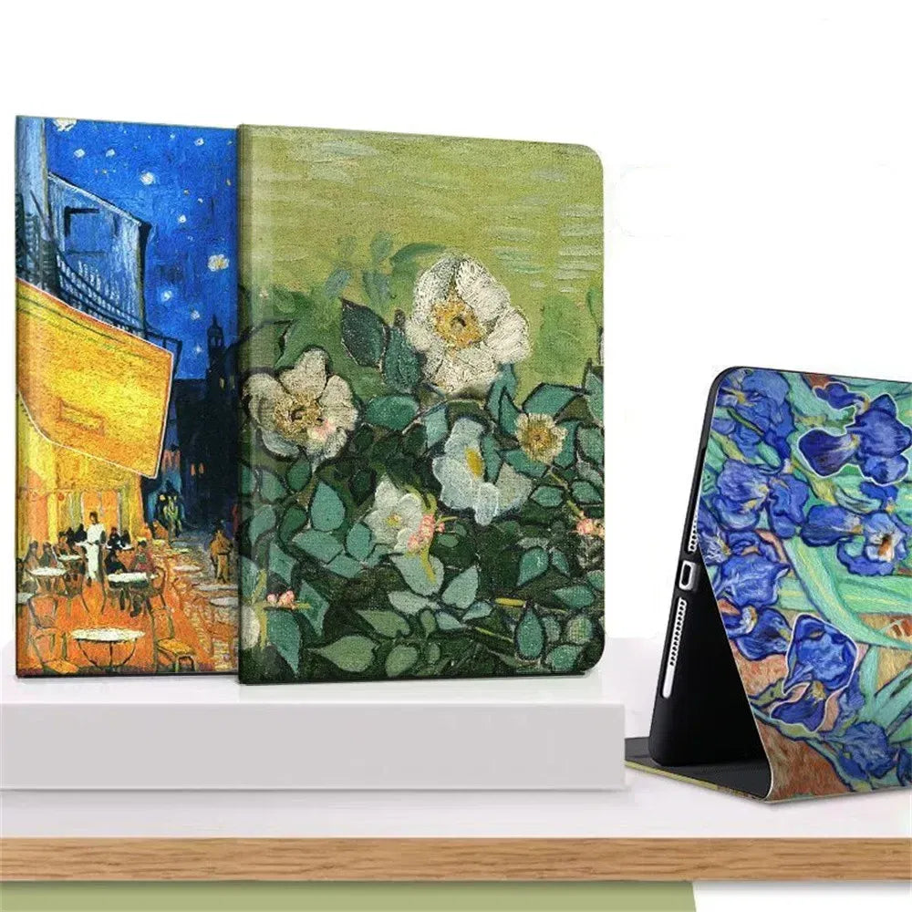 Color: Green, Size: 7 - Case For iPAD 10 9 8 7 6 5 th Generation Pro 11 12.9 10.5 Air 5 4 3 2 Mini 6 Funda Cover Luxury Van Gogh Oil Painting Flower Art