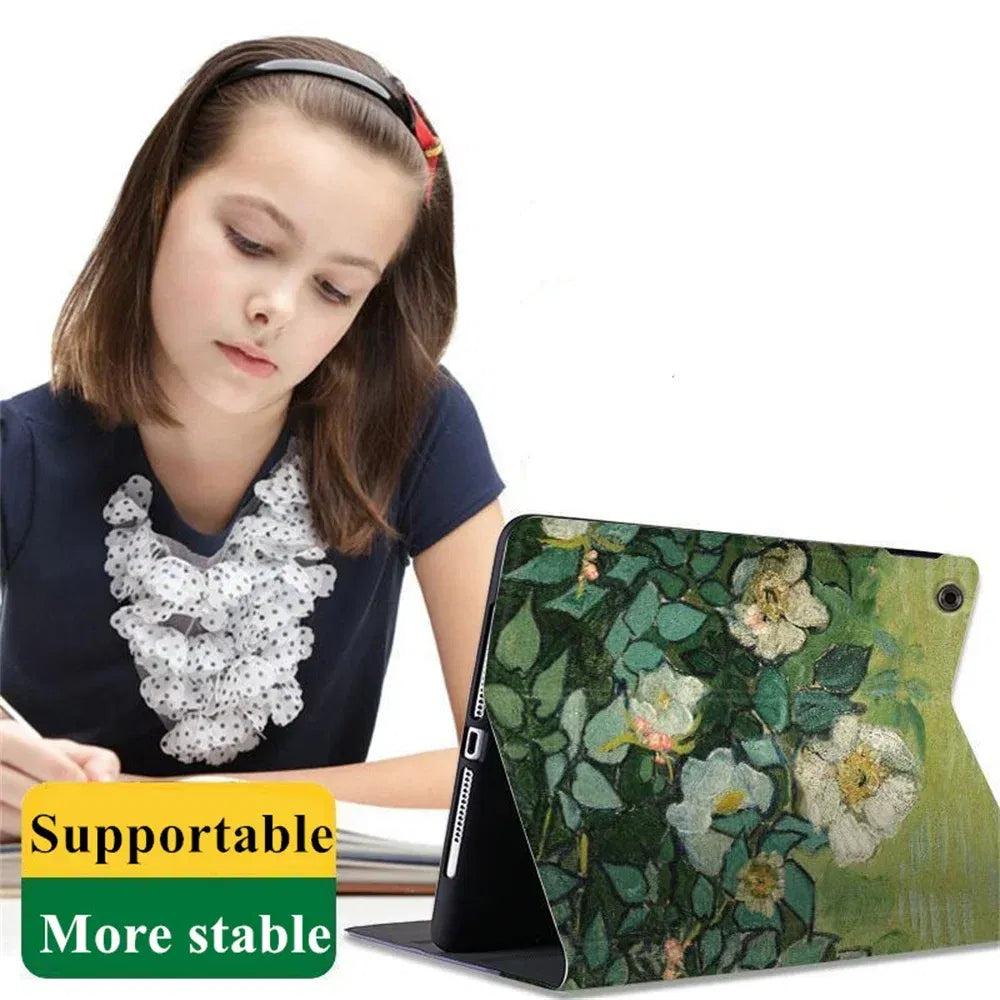Color: Green, Size: 8 - Case For iPAD 10 9 8 7 6 5 th Generation Pro 11 12.9 10.5 Air 5 4 3 2 Mini 6 Funda Cover Luxury Van Gogh Oil Painting Flower Art