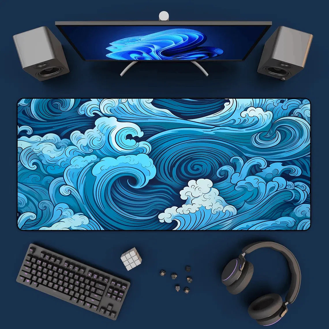 Color: Orange - Aesthetic Desk Mat Art Japanese Great Waves XXL Gaming Mouse Pad Blue Mousepad 900x400 Beautiful Nature Rubber Desk Pad Mat