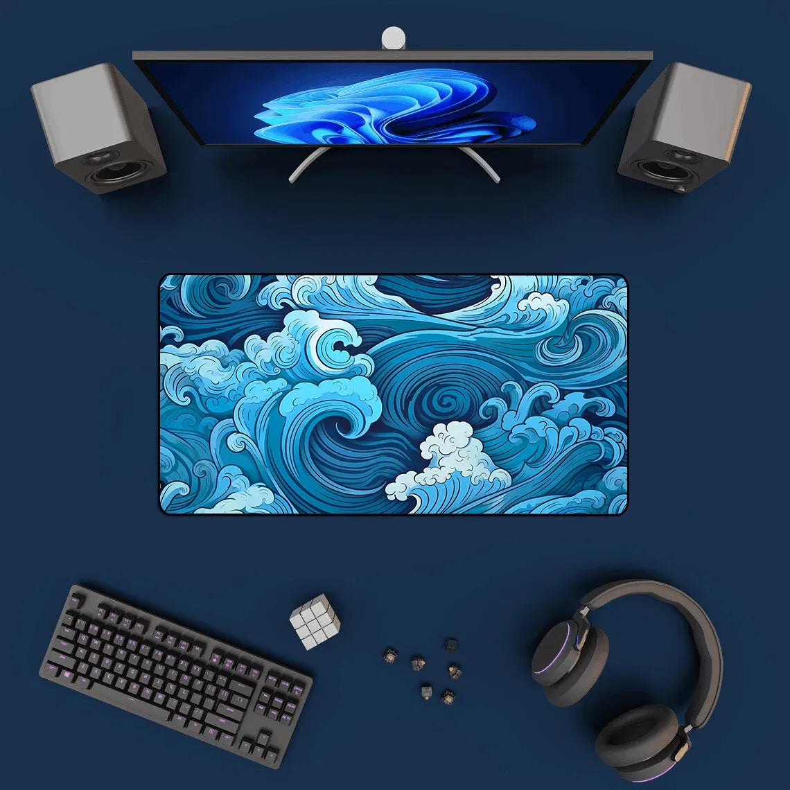 Color: WHITE - Aesthetic Desk Mat Art Japanese Great Waves XXL Gaming Mouse Pad Blue Mousepad 900x400 Beautiful Nature Rubber Desk Pad Mat
