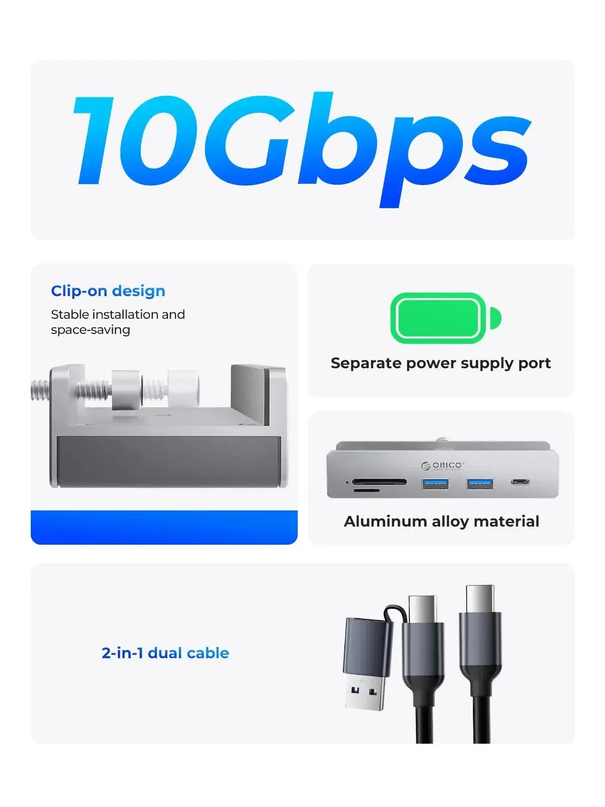 Color: pink - ORICO-USB 3.2 Hub 6-Port Expansion with Power Connector 10Gbps Protocol High-Speed Transmission SD, TF Card Fast Reading